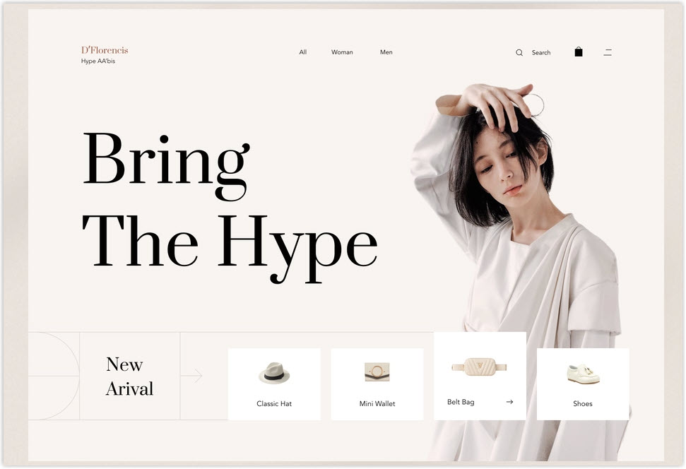 tienda online con diseño minimalista, fondo blanco y producto destacado